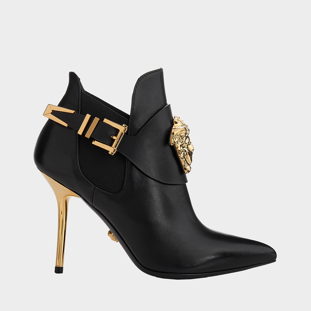 Side view of Versace Women Shoes Palazzo High heel Booties-95mm in black leather