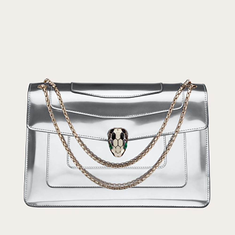 Front view of Bvlgari Serpenti Forever Medium Flap Cover Bag Metallic Calfskin-Silver