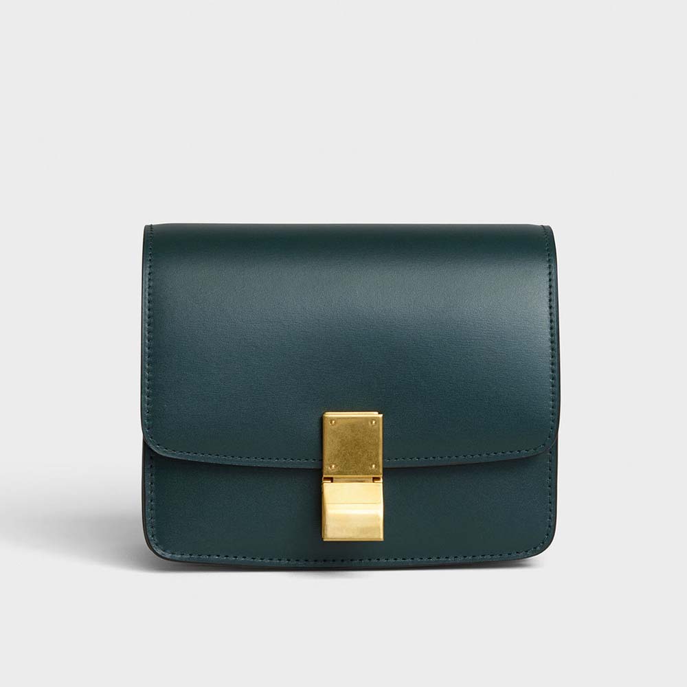 Front angle of Celine Women Small Classic Bag in dark green calfskin