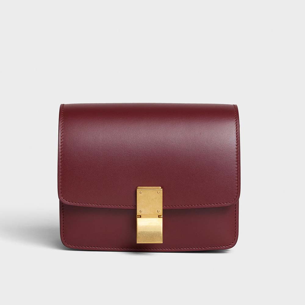 Front view of Celine Women Small Classic Bag in maroon calfskin leather