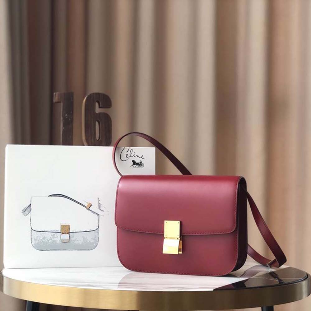Close-up of gold-tone clasp on Celine Women Small Classic Bag maroon