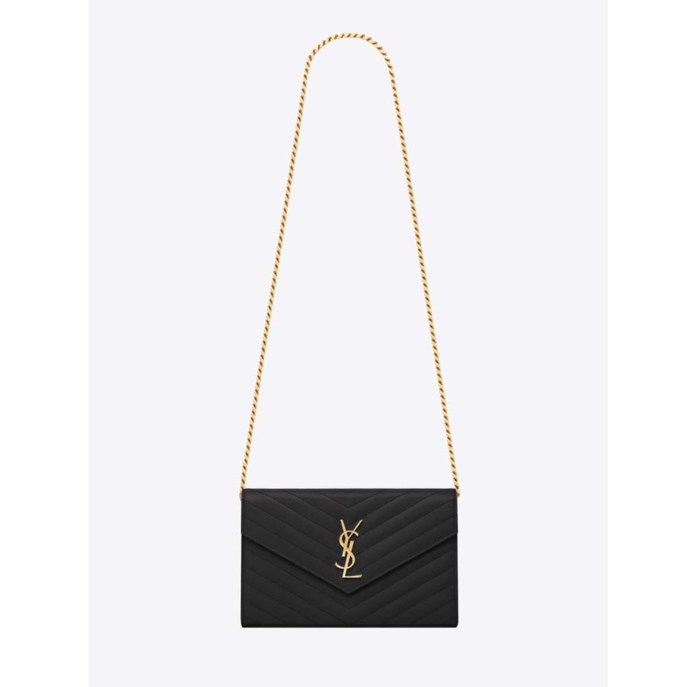 Front view of Saint Laurent Monogram Chain Wallet Grain De Poudre Embossed-Gold black leather