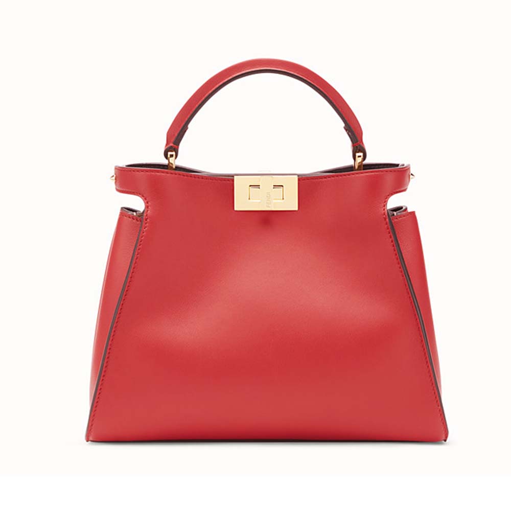 Front angle of Fendi Women Peekaboo Essentially Bag in Calfskin Leather-Red