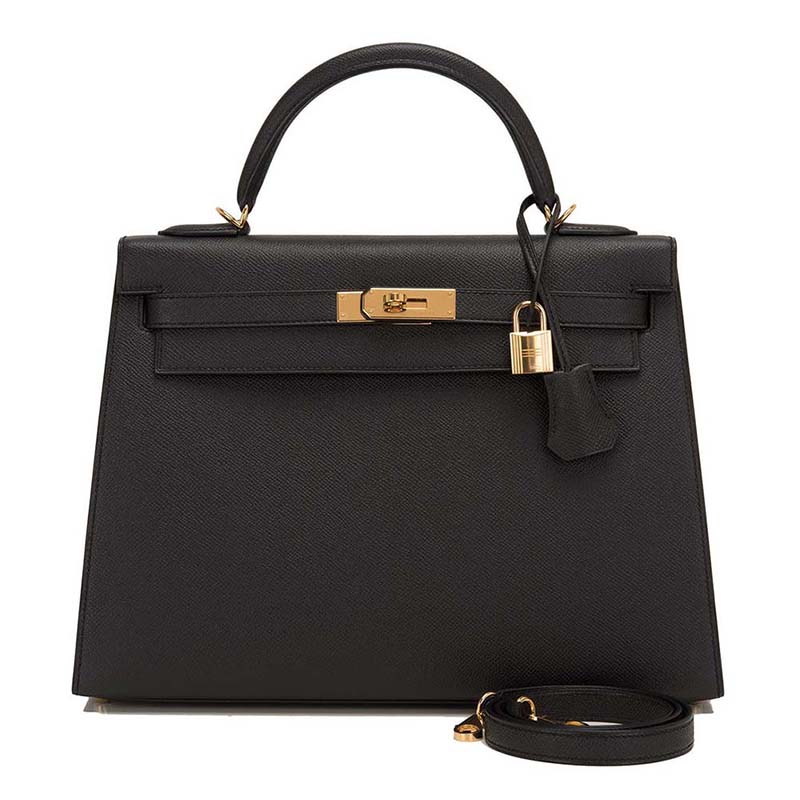 Front view of Hermes Kelly Sellier 32 Bag in Togo Leather-Black