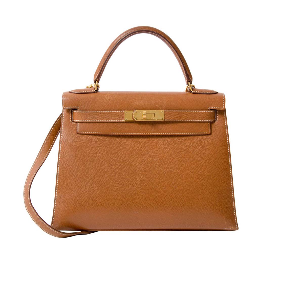 Front view of Hermes Kelly Sellier 32 Bag in Togo Leather-Brown