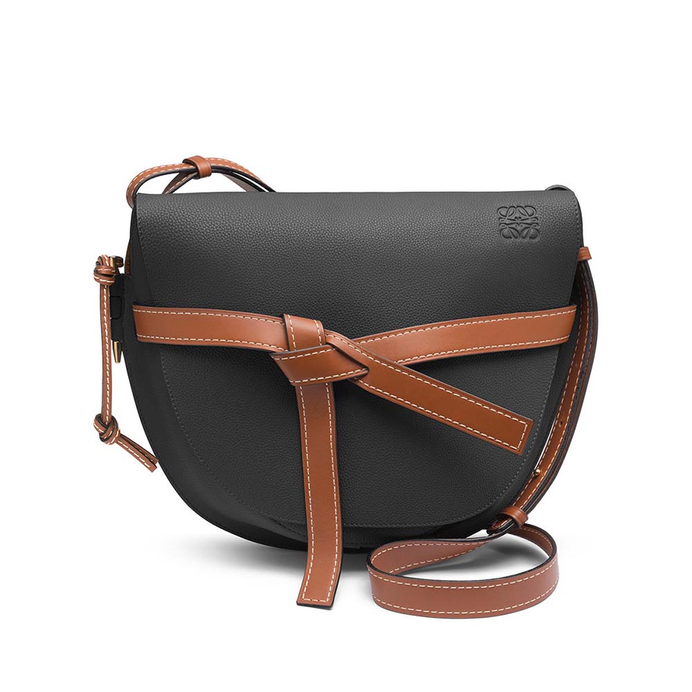 Front view of Loewe Women Gate Bag in black soft grained leather