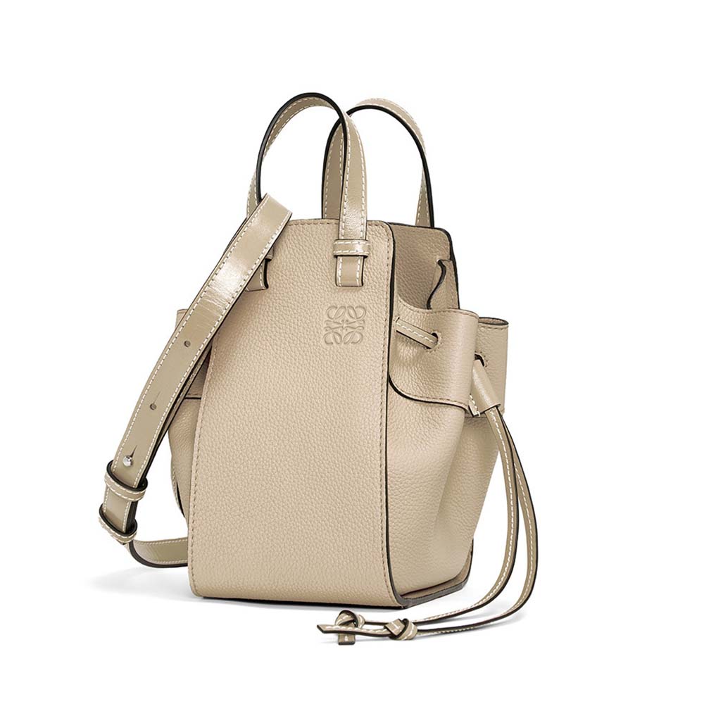 Front angle of Loewe Women Hammock Drawstring Mini Bag-Beige showing drawstring detail