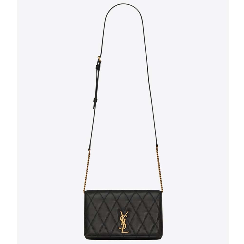Front view of Saint Laurent YSL Women Angie Chain Bag Diamond-Quilted Lambskin-Black