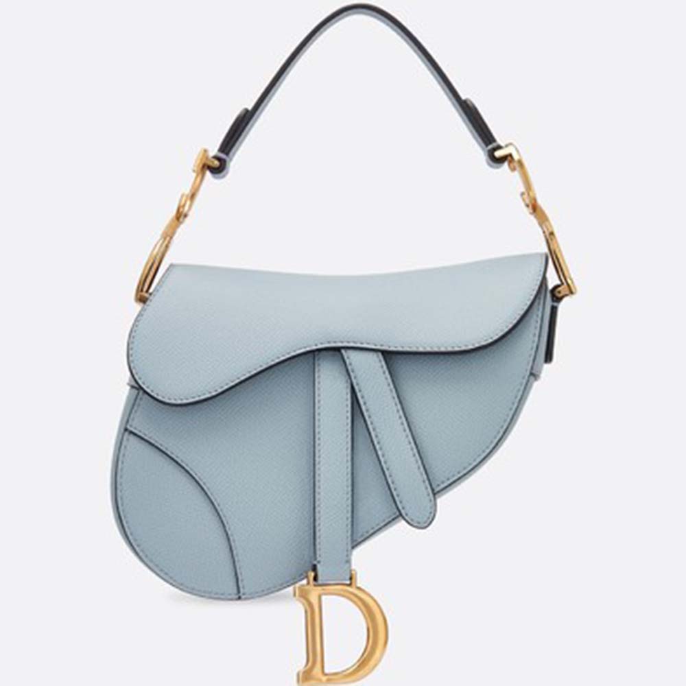 Front view of Dior Women Mini Saddle Bag in calfskin-blue with metal 'D' clasp