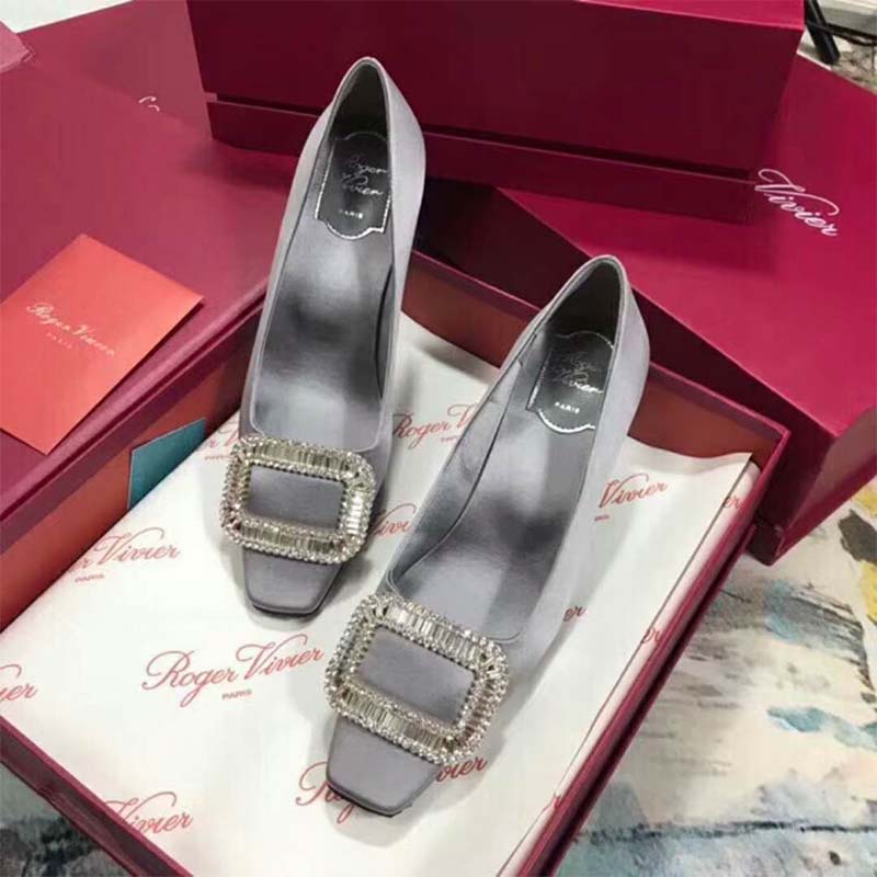 Close-up of signature crystal buckle detail on Roger Vivier Belle Vivier Pumps