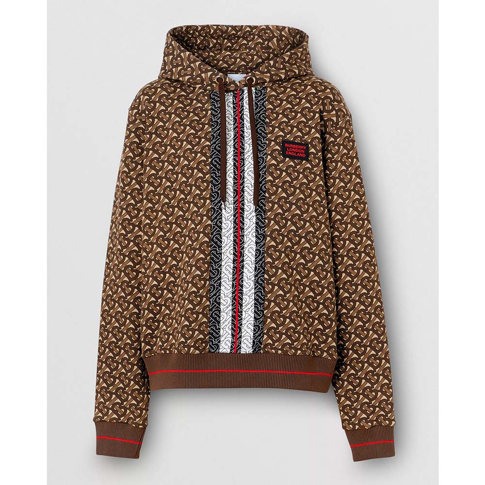 Front view of Burberry Men Monogram Stripe Print Cotton Oversized Hoodie-Brown