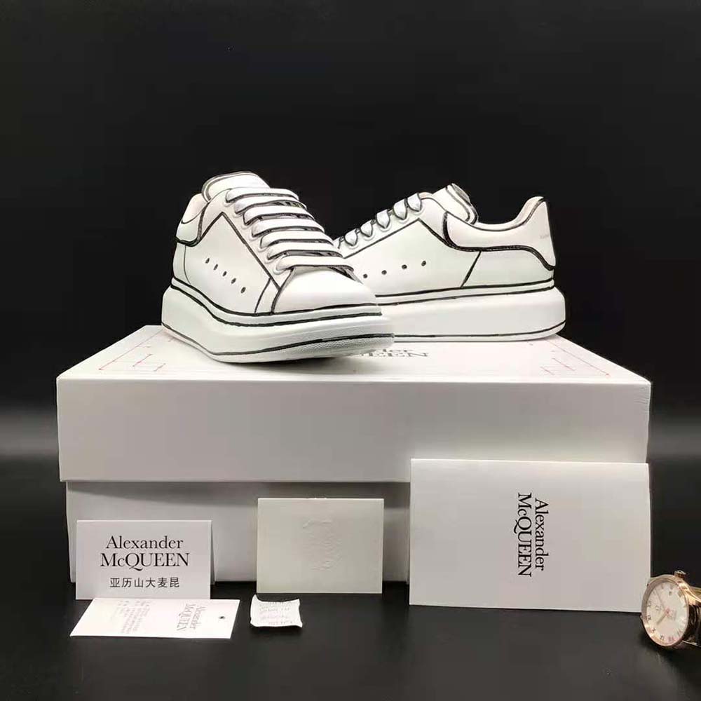 Close-up detail of smooth white calfskin leather on Alexander Mcqueen sneaker