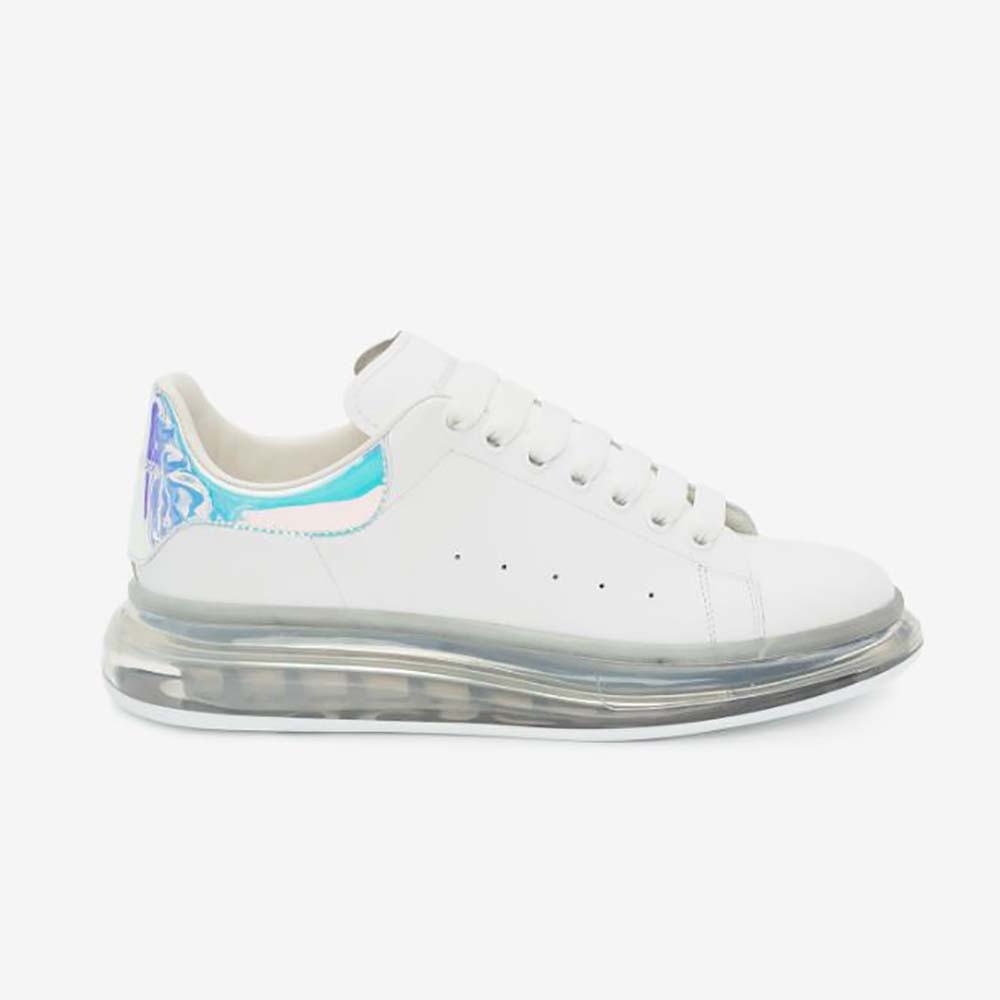 Side view of Alexander Mcqueen Women Oversized Sneaker-Blue in white leather