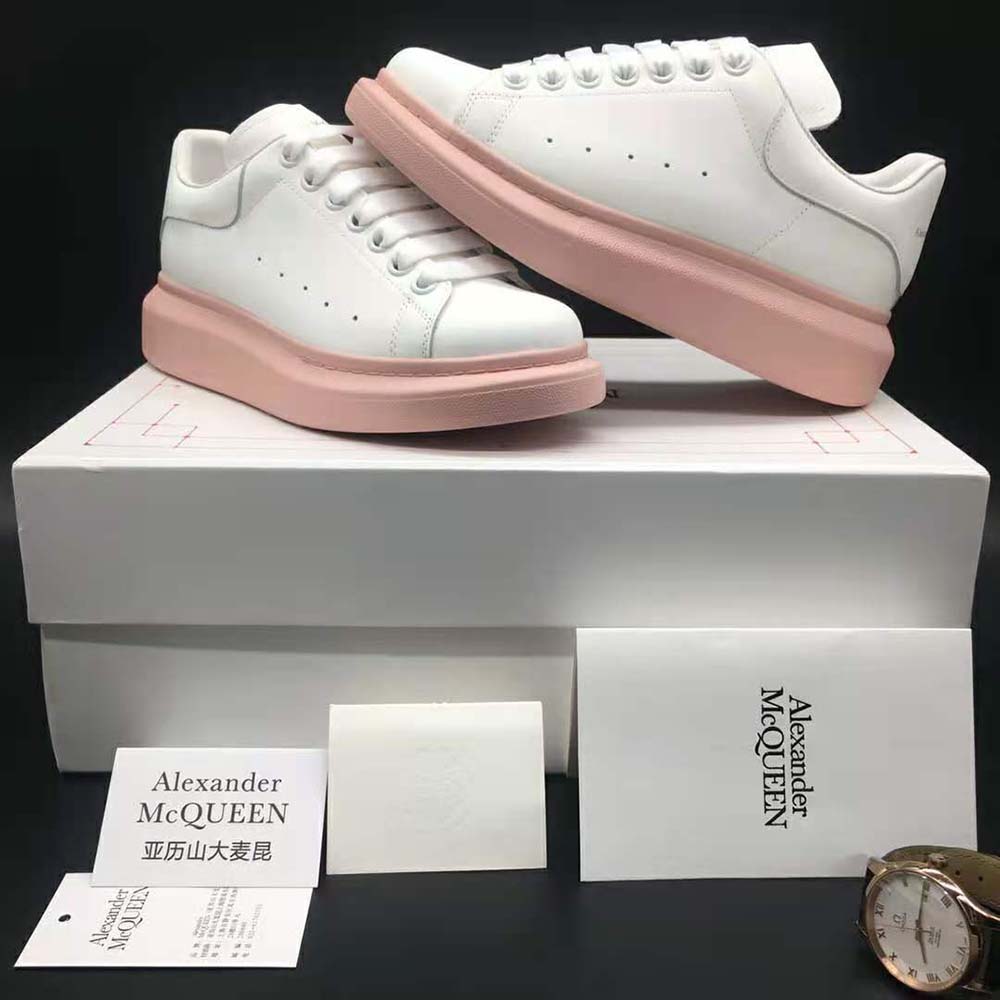 Top view of white leather upper on Alexander Mcqueen Women Oversized Sneaker-Pink
