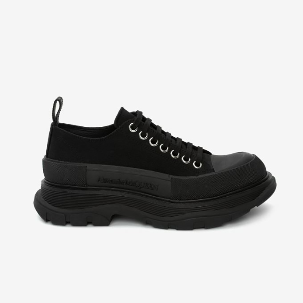 Side view of Alexander Mcqueen Women Tread Slick Lace Up-Black sneaker