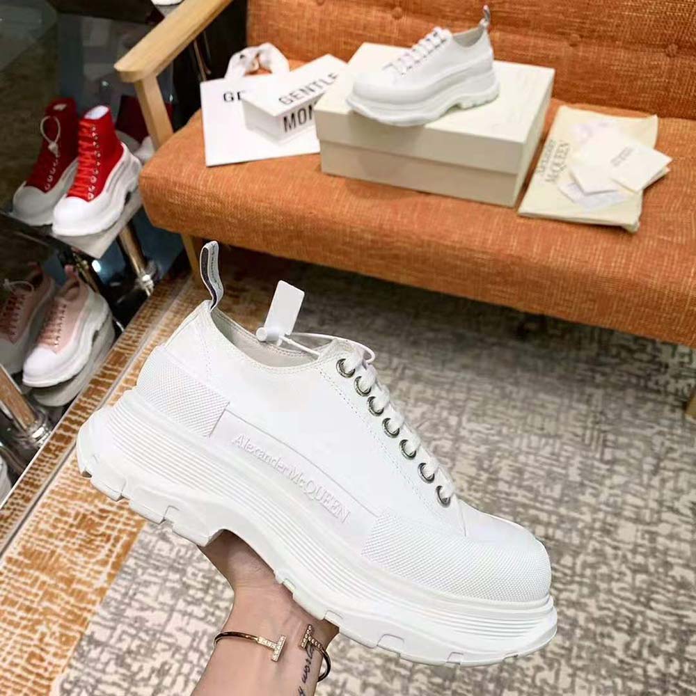 Top view showing lace-up detail on Alexander Mcqueen Women Tread Slick Lace Up-White