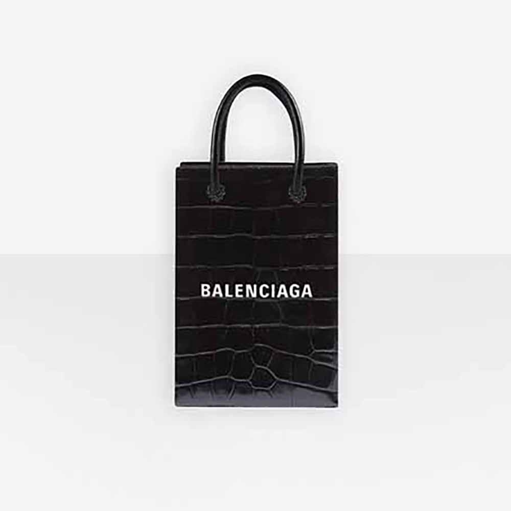 Front view of Balenciaga Unisex Shopping Phone Holder in black crocodile embossed calfskin