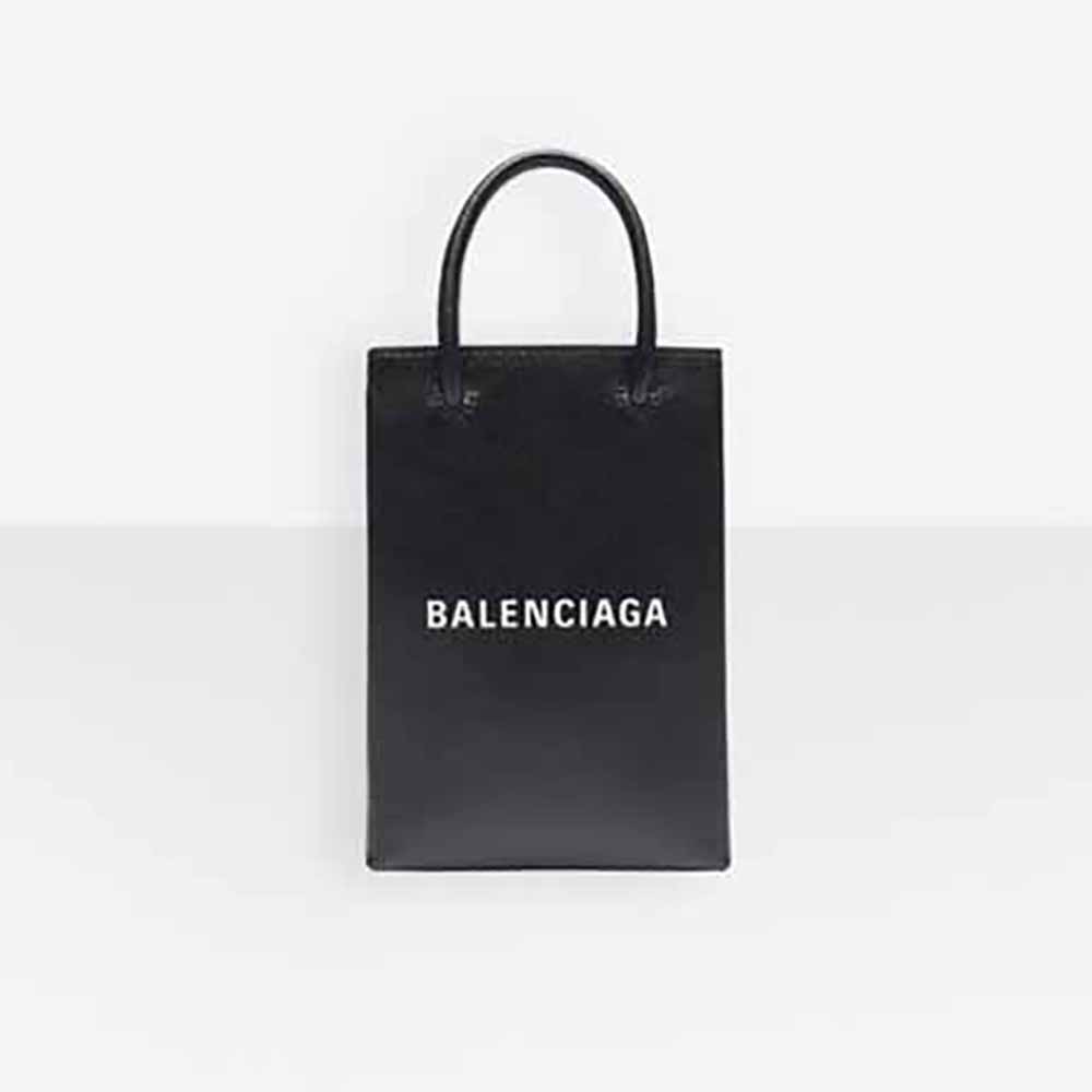 Front view of Balenciaga Unisex Shopping Phone Holder in black calfskin