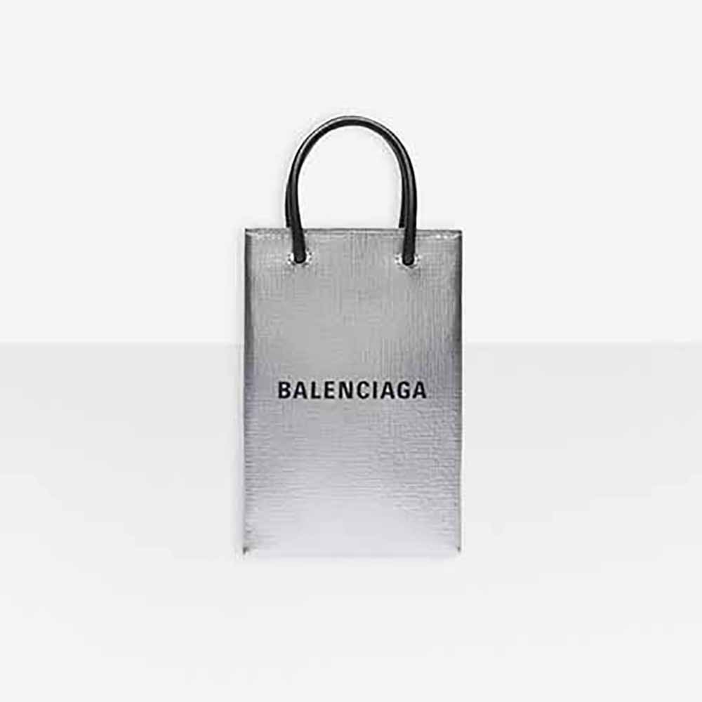 Front view of Balenciaga Unisex Shopping Phone Holder in silver calfskin