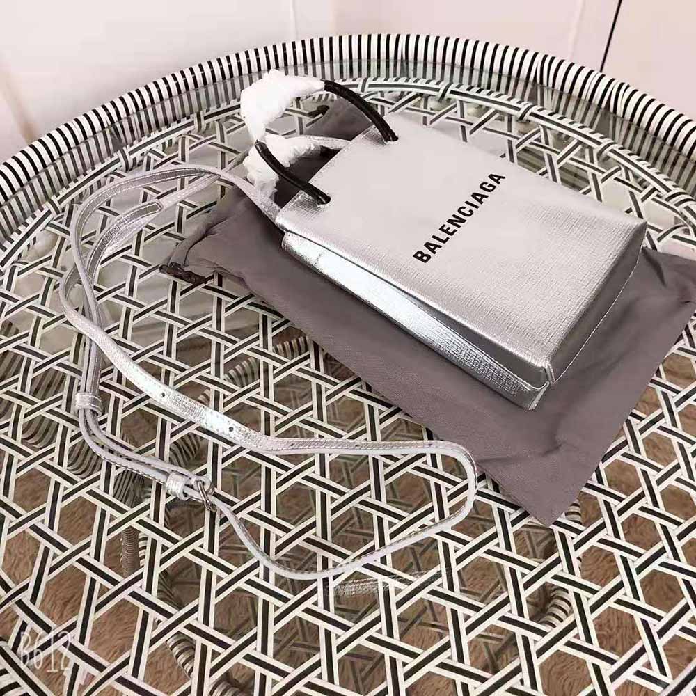 Balenciaga Unisex Shopping Phone Holder Shopping Phone Holder in Silver Metallized Squared Calfskin - image 4