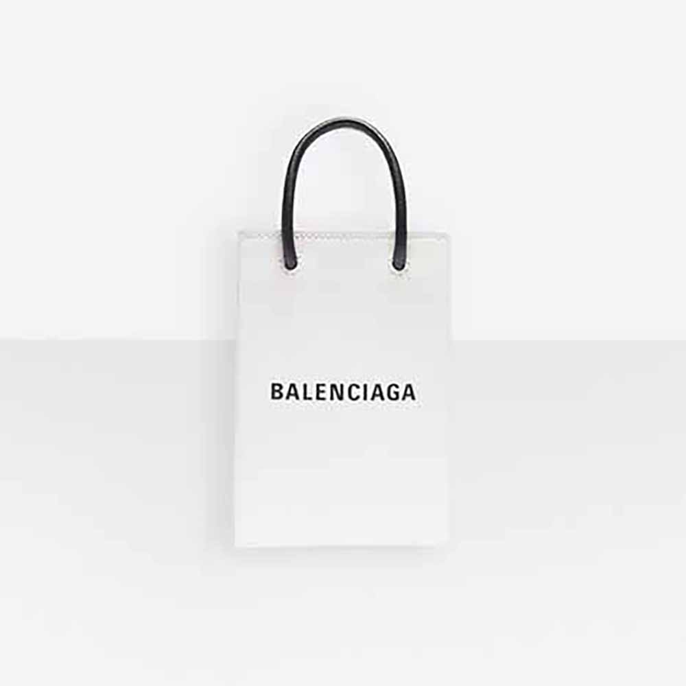 Front view of Balenciaga Unisex Shopping Phone Holder in white calfskin