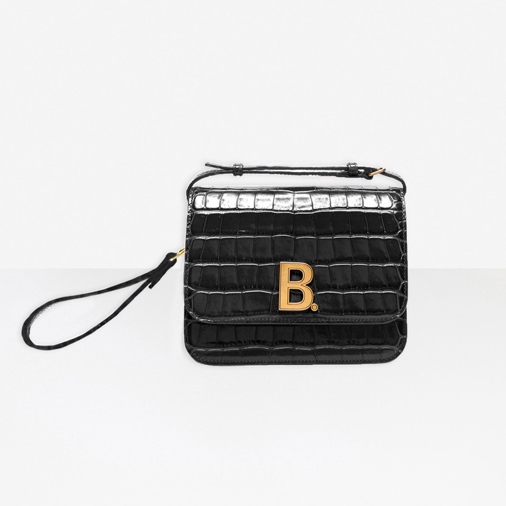 Front view of Balenciaga Women B. Small Bag in black crocodile embossed calfskin