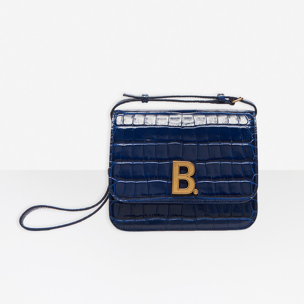 Front view of Balenciaga Women B. Small Bag in Black Crocodile Embossed Calfskin-Navy