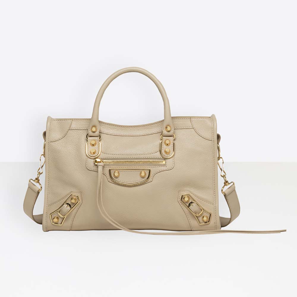 Front view of Balenciaga Women Classic Metallic Edge City S Goatskin Hand Carry Bag in sandy leather