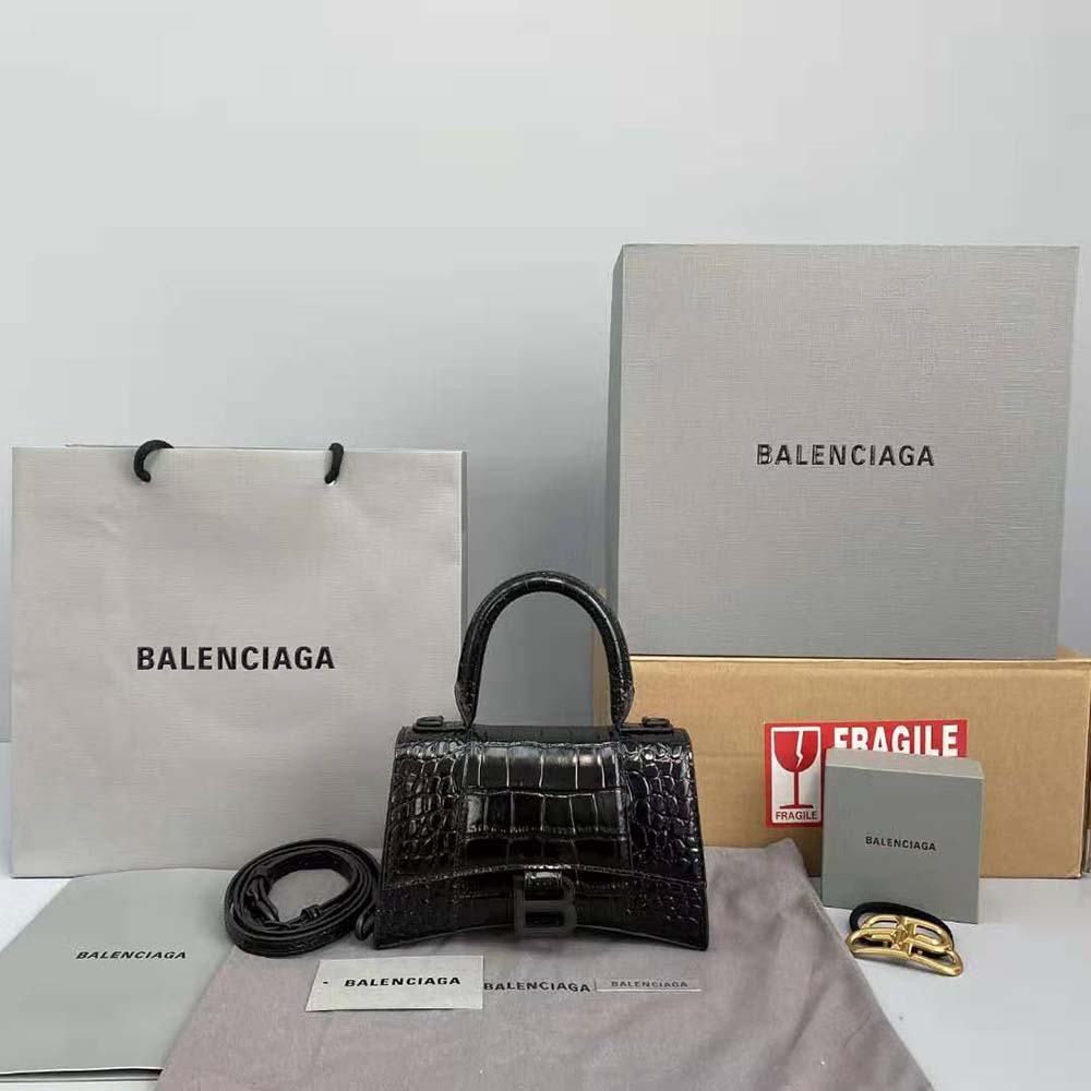 Close-up of silver hardware on Balenciaga Hourglass XS bag