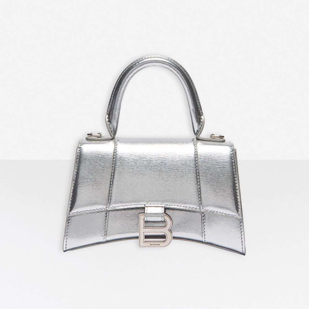 Front view of Balenciaga Women Hourglass XS Top Handle Bag-Silver