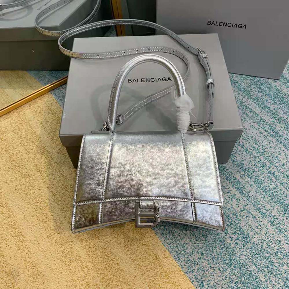 Close-up of silver hardware on Balenciaga Women Hourglass XS Top Handle Bag-Silver