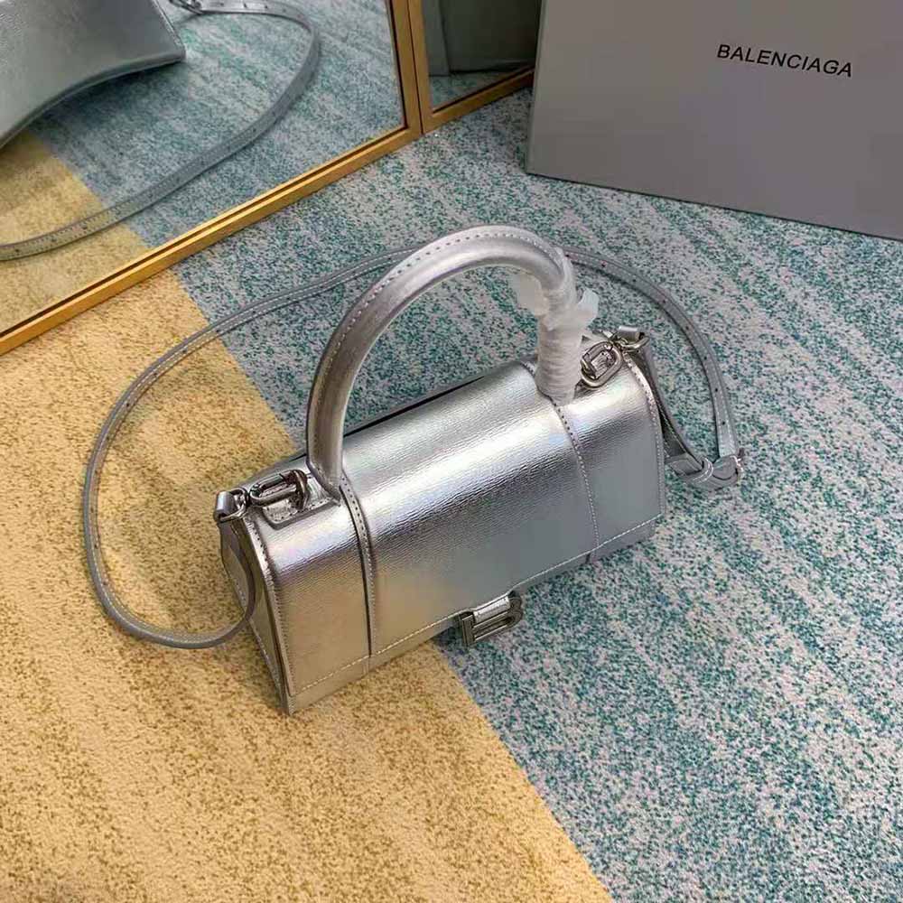 Side profile highlighting silhouette on Balenciaga Women Hourglass XS Top Handle Bag-Silver