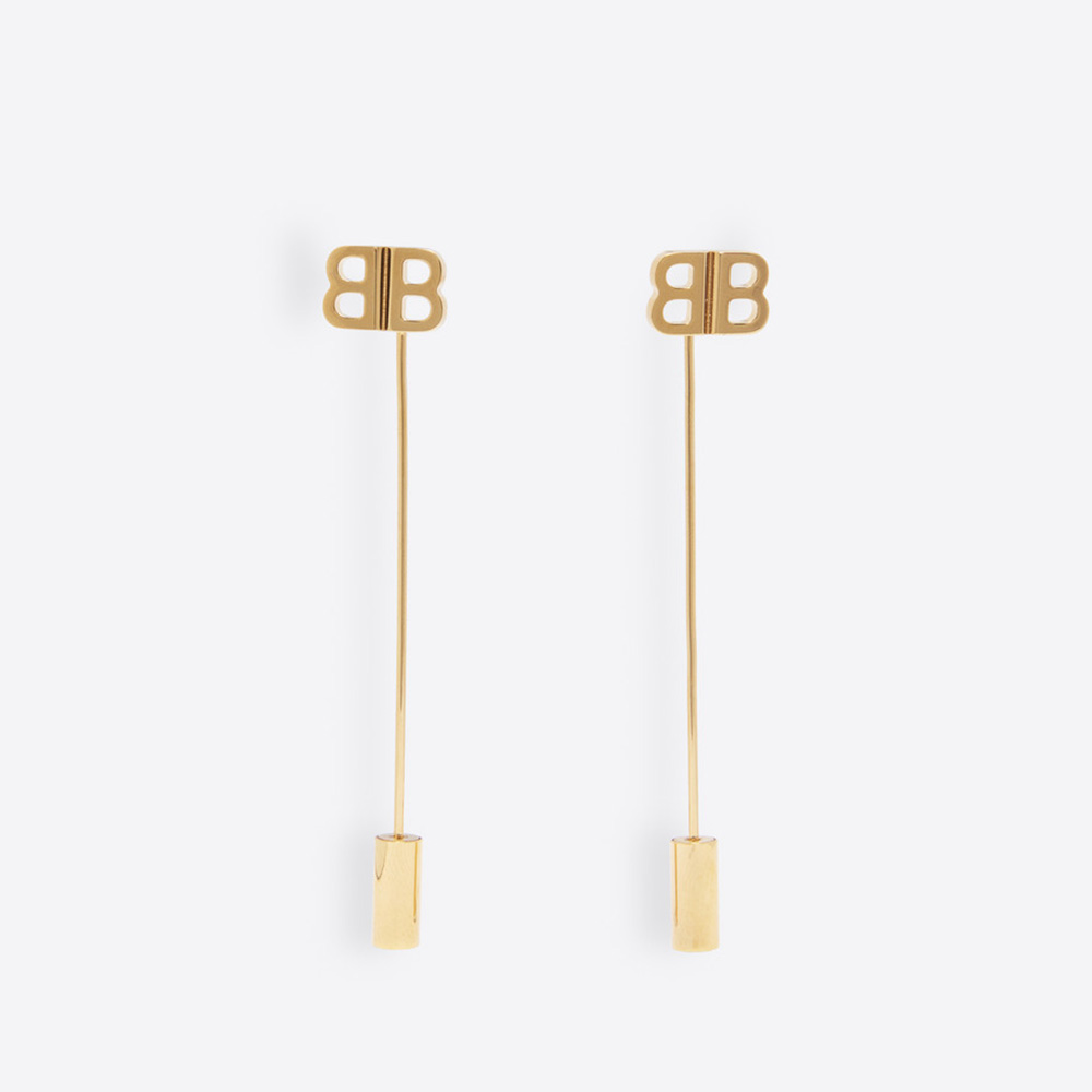 Front view of Balenciaga Women Pin BB Earrings in shiny gold brass
