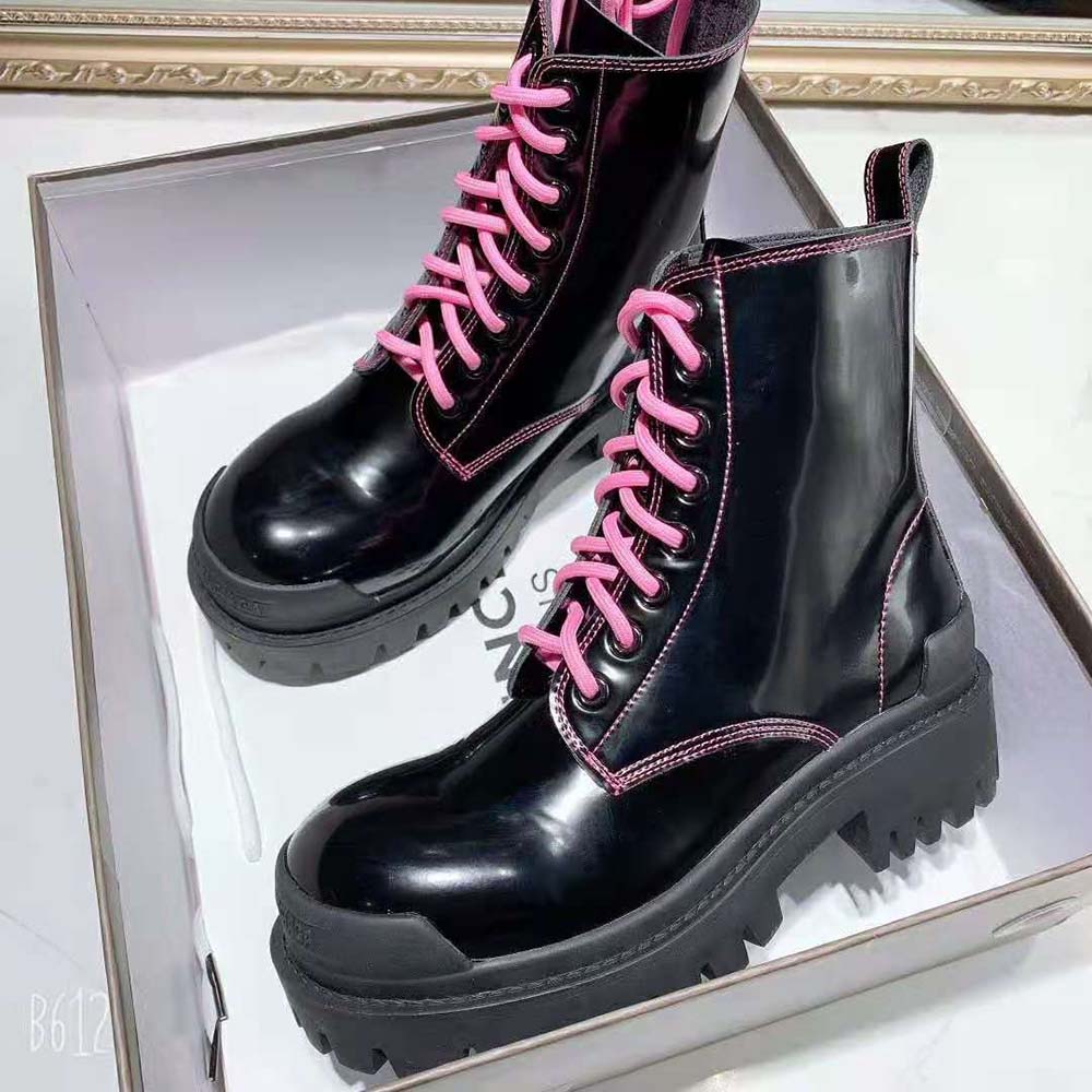 Balenciaga Women Strike 20mm Lace-Up Boot in Black Matte Calfskin-Pink - image 4