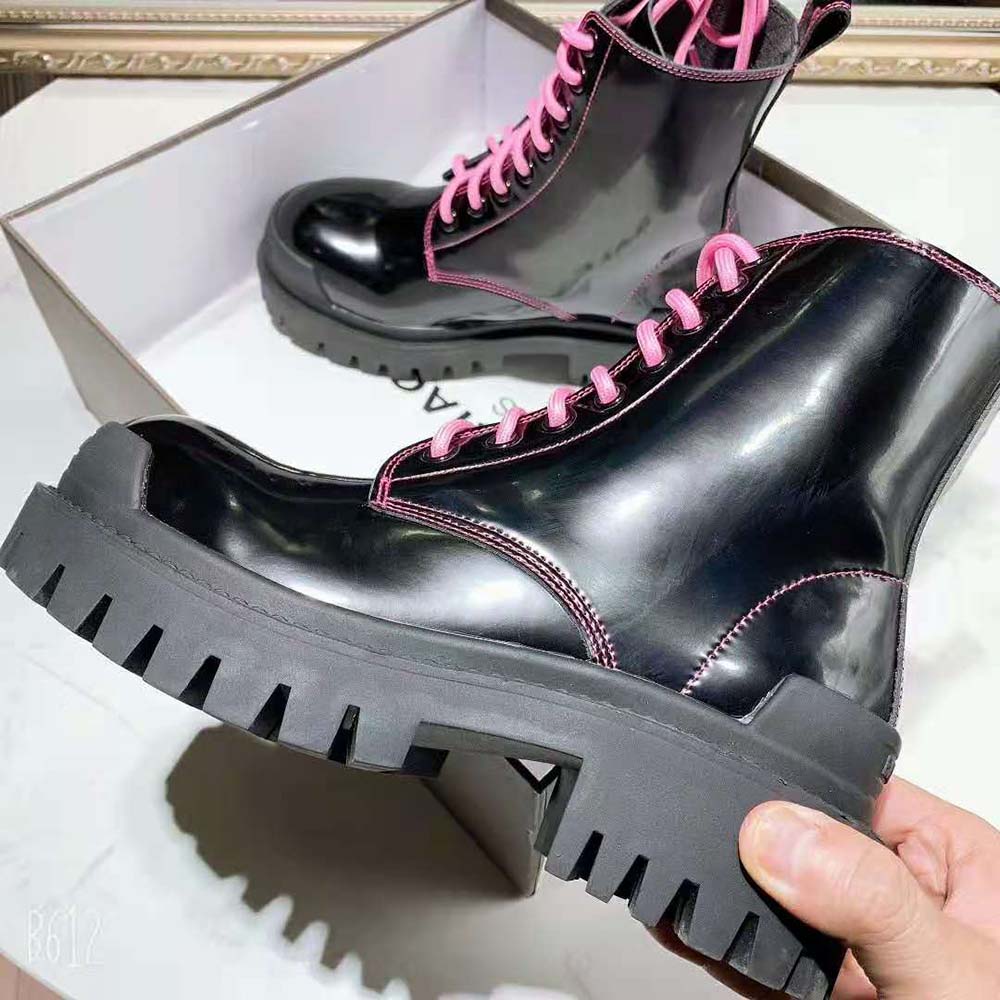 Balenciaga Women Strike 20mm Lace-Up Boot in Black Matte Calfskin-Pink - image 5