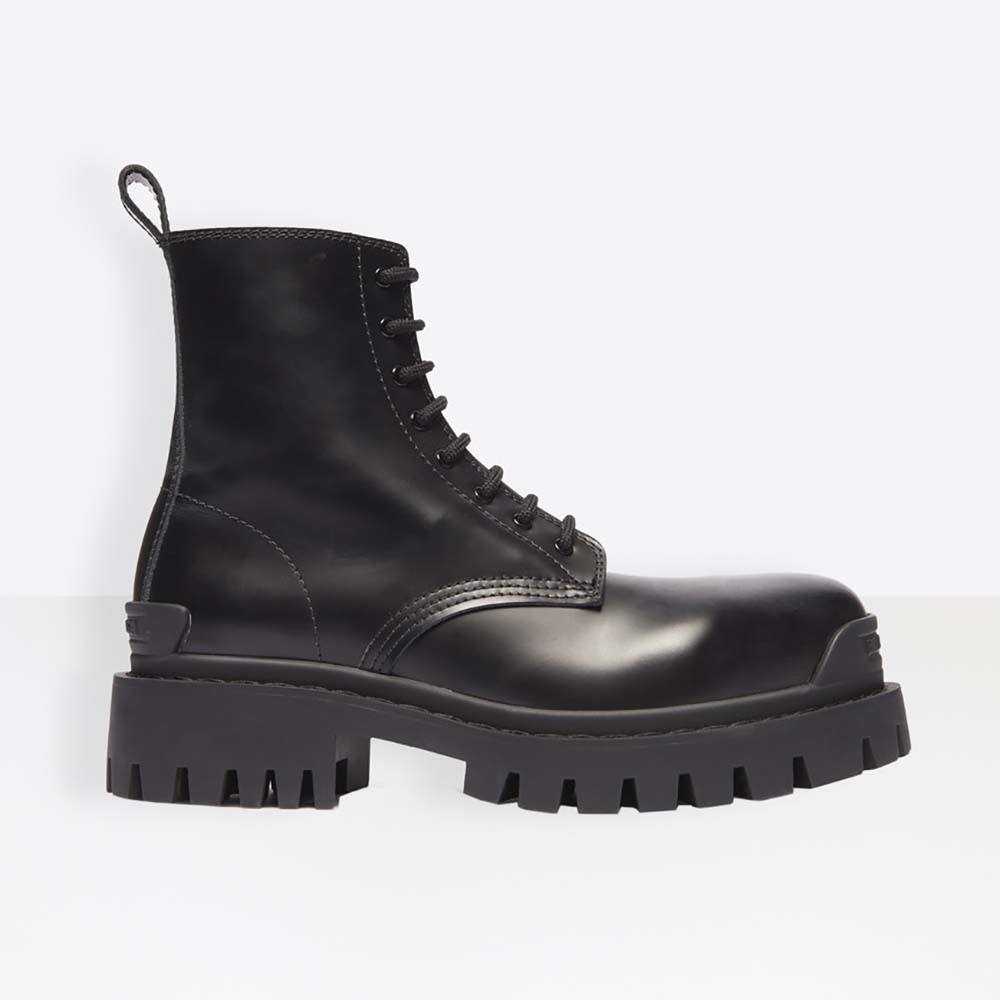 Side view of Balenciaga Women Strike Lace-Up Boot in Black Mat Calfskin