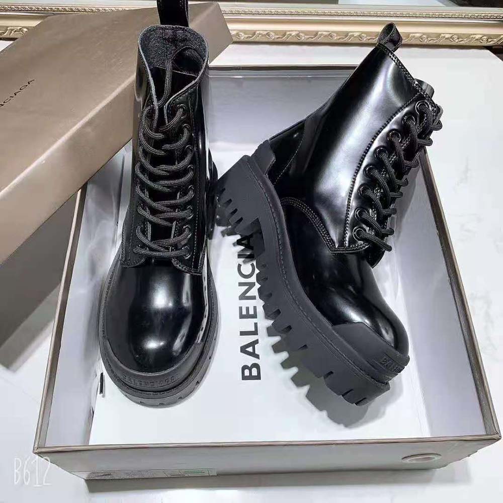 Close-up of matte calfskin and lace-up detail on Balenciaga boot
