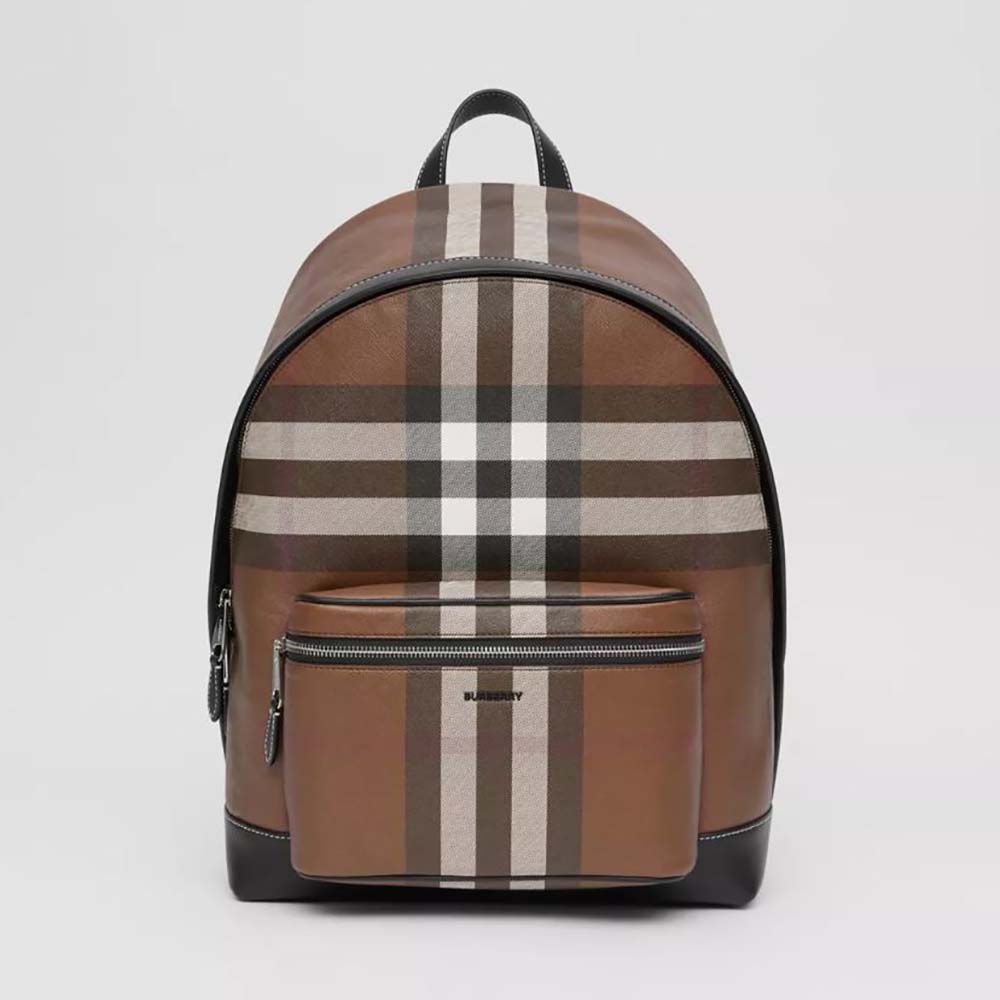 Front view of Burberry Men Check E-canvas Backpack-Brown with logo detail