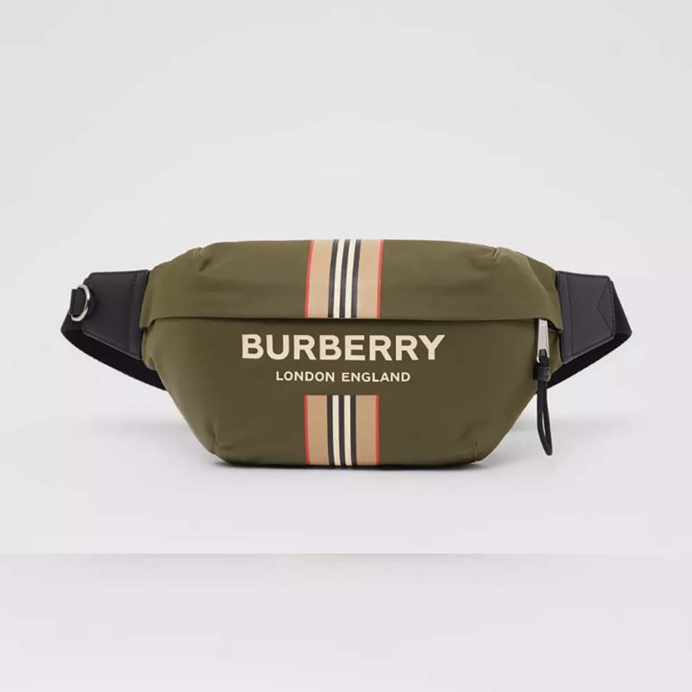 Front view of Burberry Men Logo and Icon Stripe Print ECONYL® Sonny Bum Bag in green