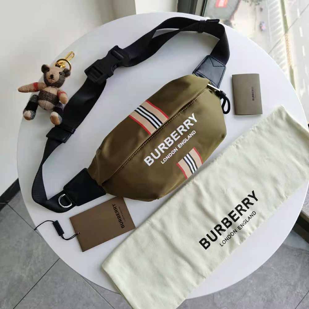 Close-up of the Burberry logo and stripe print on ECONYL® Sonny Bum Bag