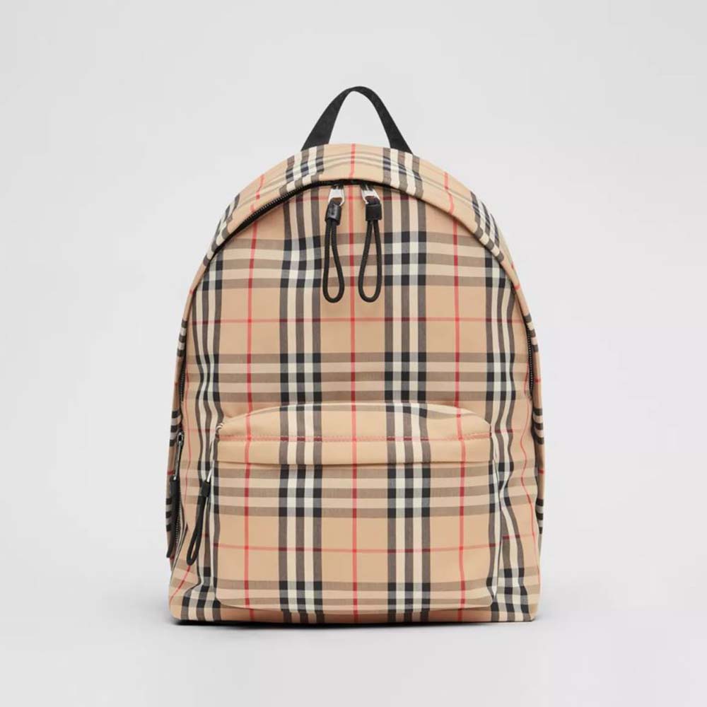 Front view of Burberry Men Vintage Check Nylon Backpack-Brown showing signature check