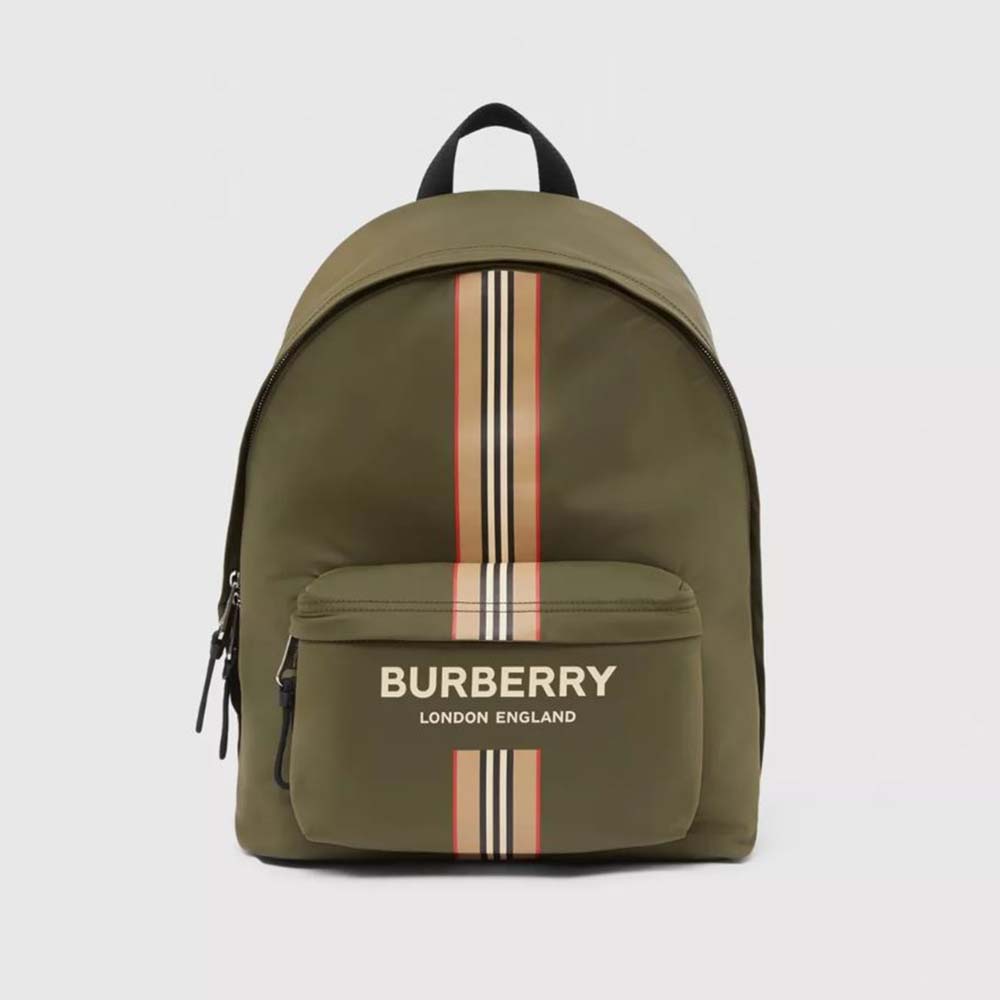 Front view of Burberry Men Vintage Check Nylon Backpack-Green with logo detail