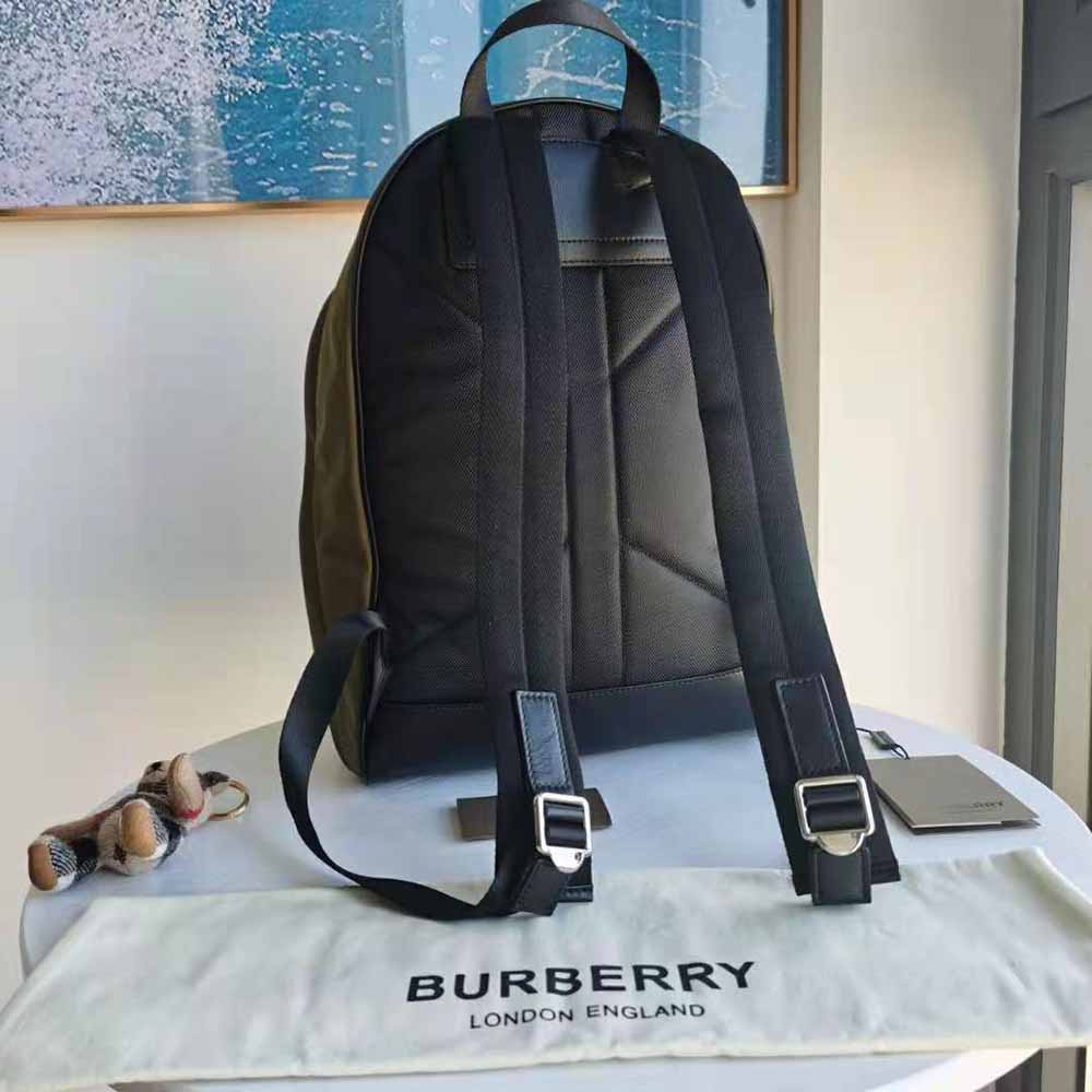 Side profile showing adjustable straps on Burberry Men Vintage Check Nylon Backpack-Green