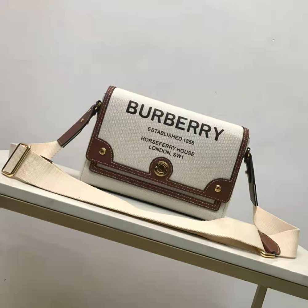 Close-up of Horseferry print and gold hardware on Burberry crossbody bag