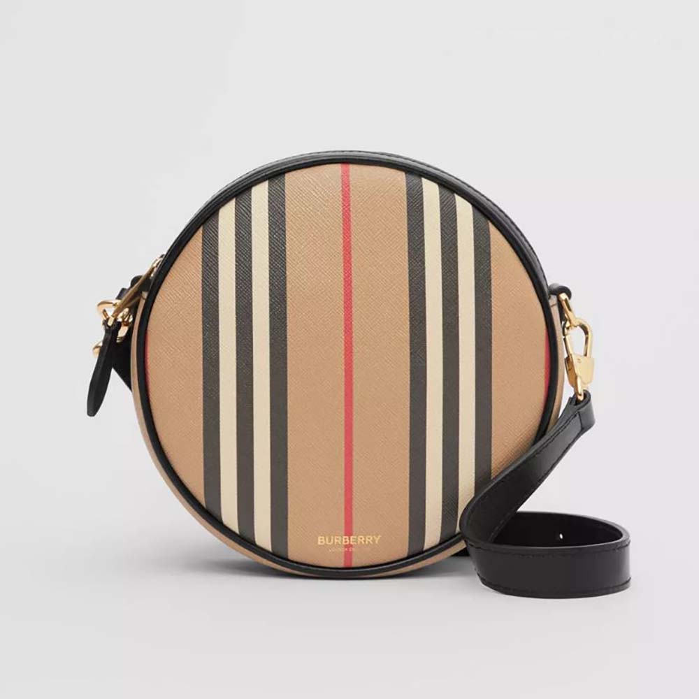 Front view of Burberry Women Icon Stripe E-canvas Louise Bag-Brown