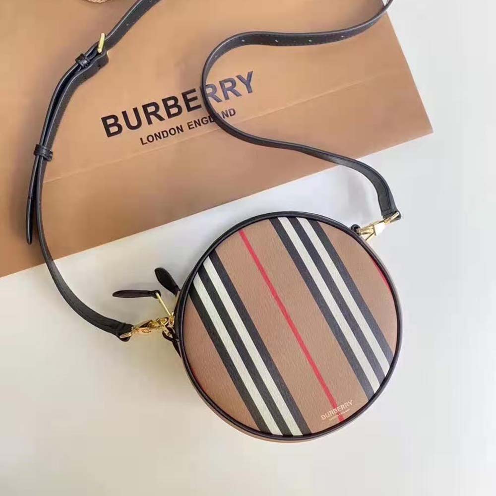 Close-up of signature stripe detail on Burberry Louise Bag-Brown