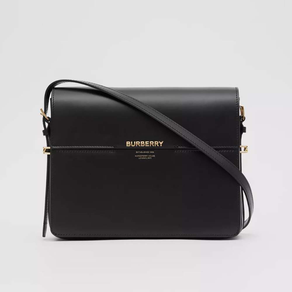Front view of Burberry Women Large Leather Grace Bag-Black with silver hardware
