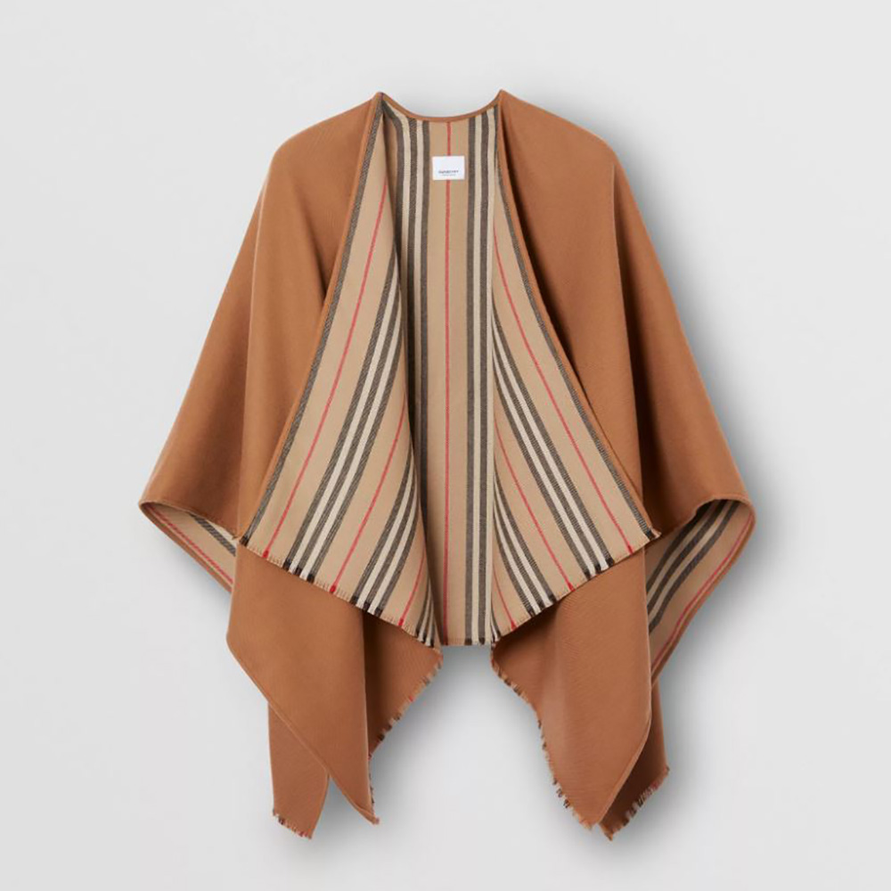 Front view of Burberry Women Lcon Stripe Detail Wool Cape-Brown showcasing silhouette