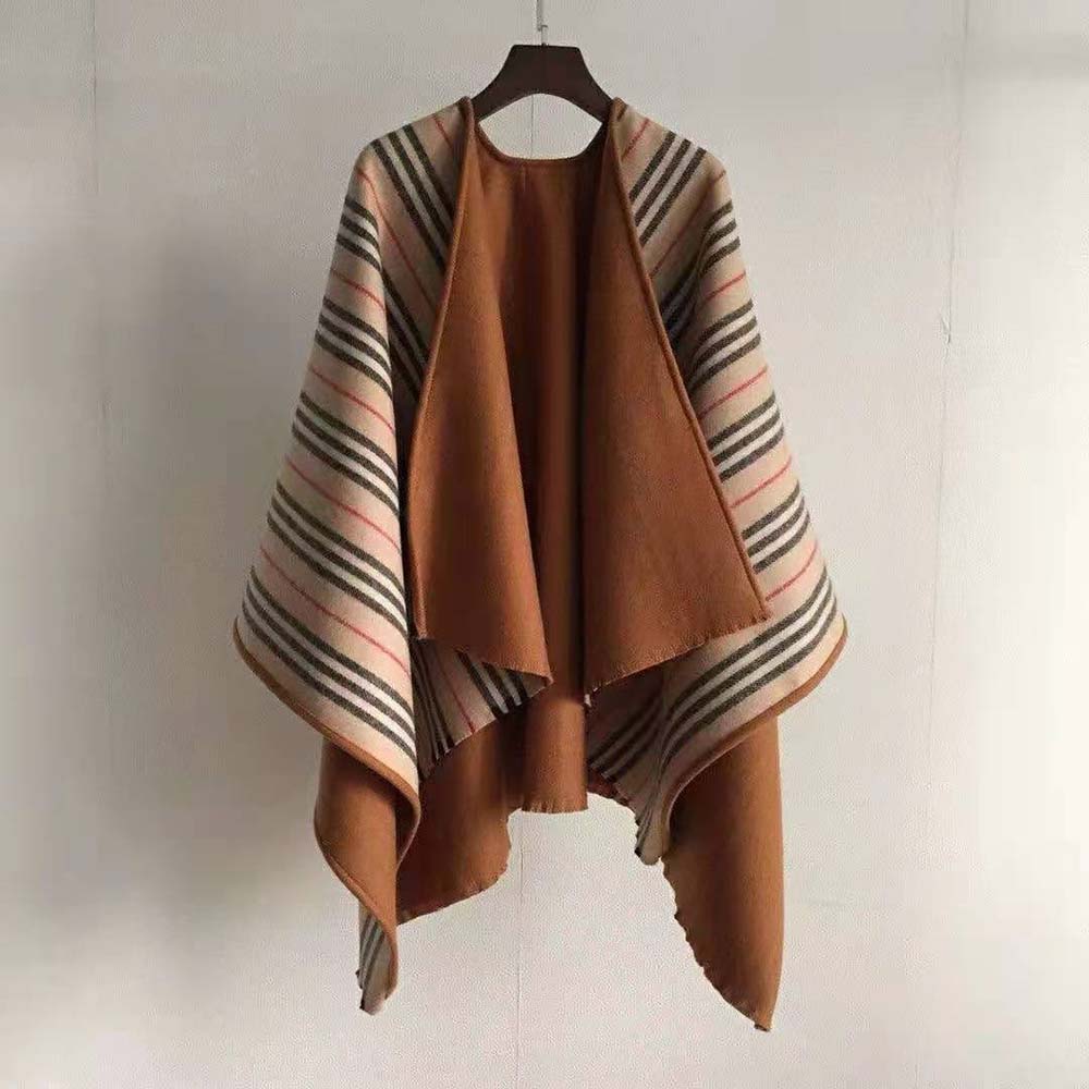 Close-up of iconic stripe detail on Burberry Women Lcon Stripe Detail Wool Cape-Brown