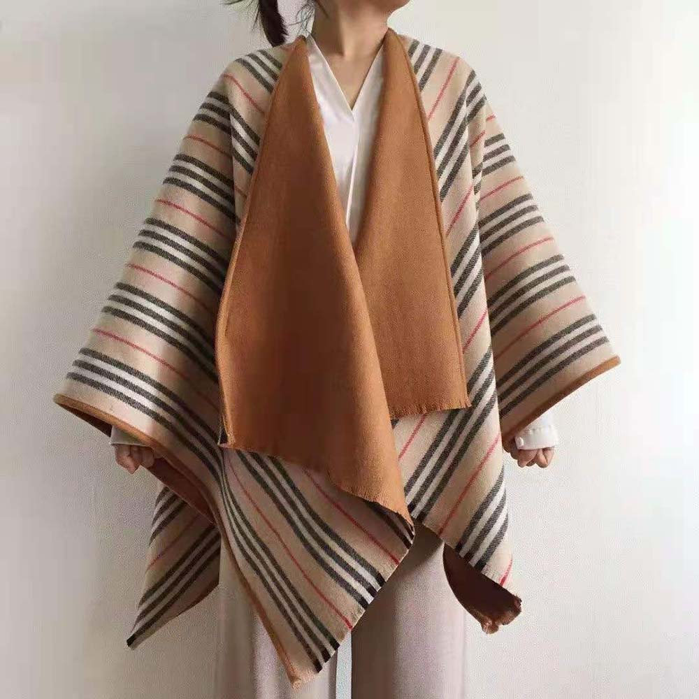 Burberry Women Lcon Stripe Detail Wool Cape-Brown - image 4